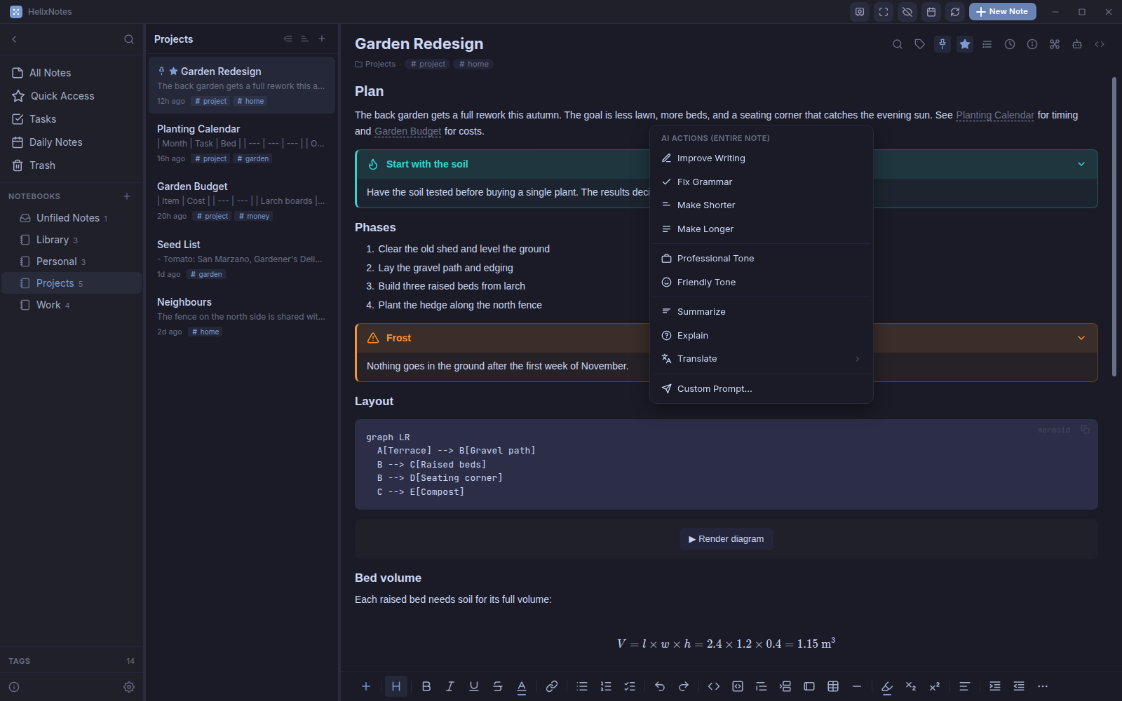 The AI Actions menu with writing, tone, summarize, translate and custom prompt entries