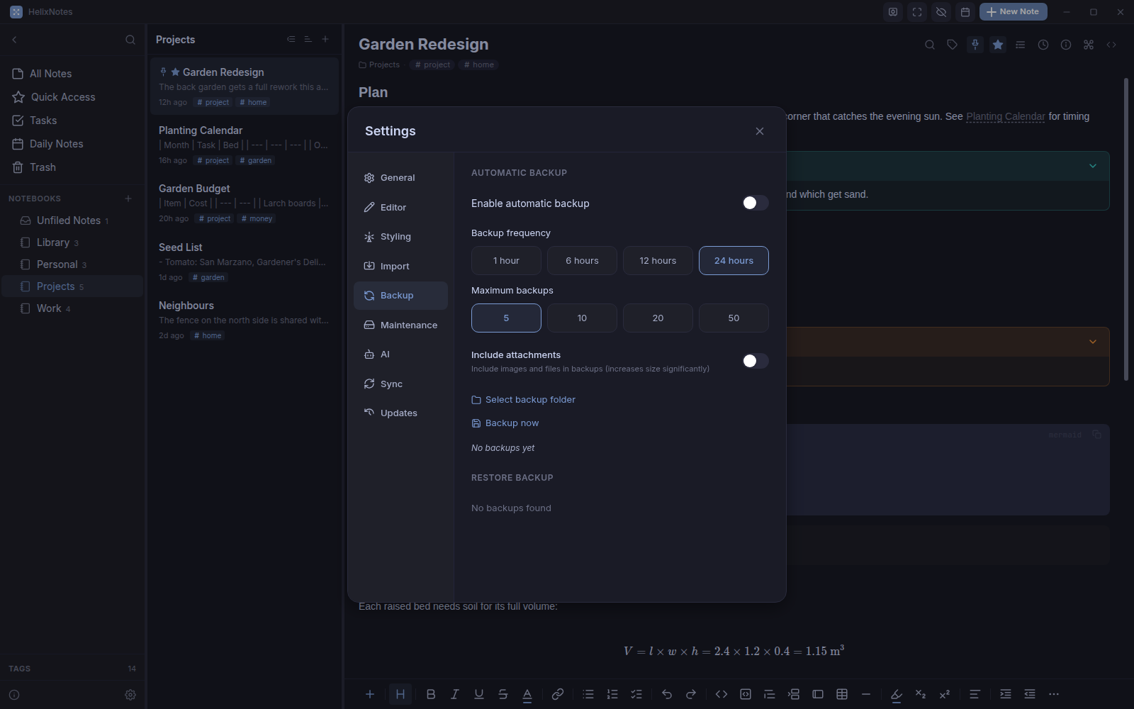 The Backup tab in settings with frequency, maximum backups and attachment options