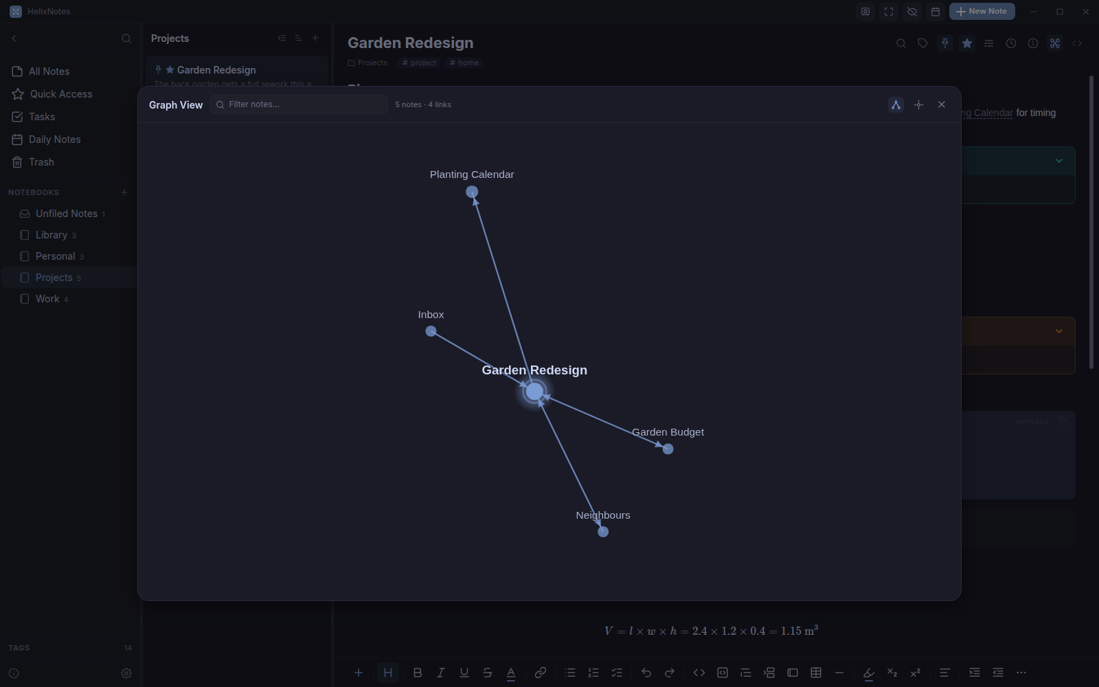 The graph view showing a note and the notes it links to