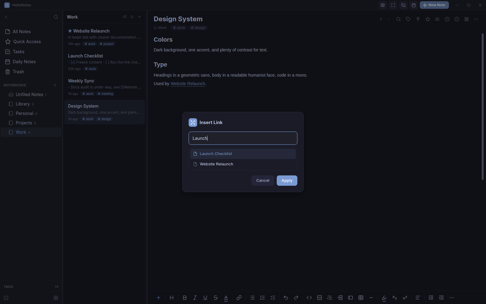 The Insert Link dialog suggesting notes that match the typed text