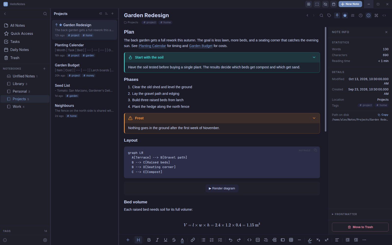 The Note Info panel with word count, dates, tags and the path on disk