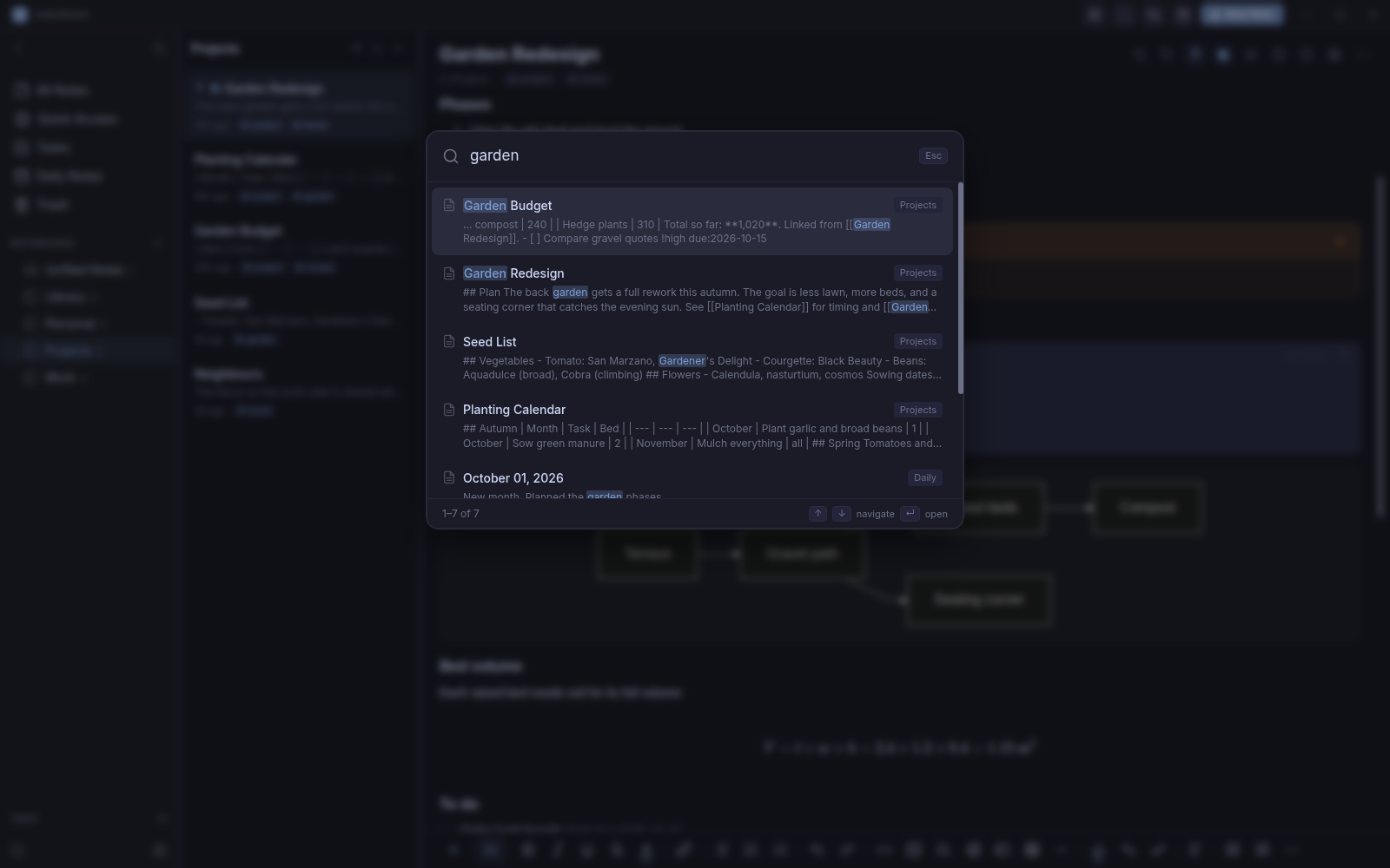 The search panel with highlighted matches across several notes