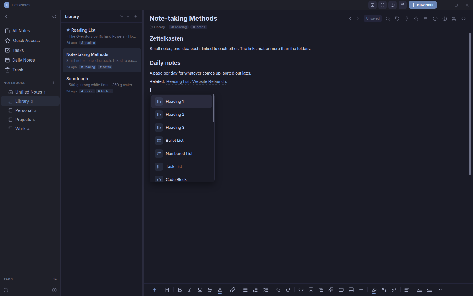 The slash command menu open on an empty line