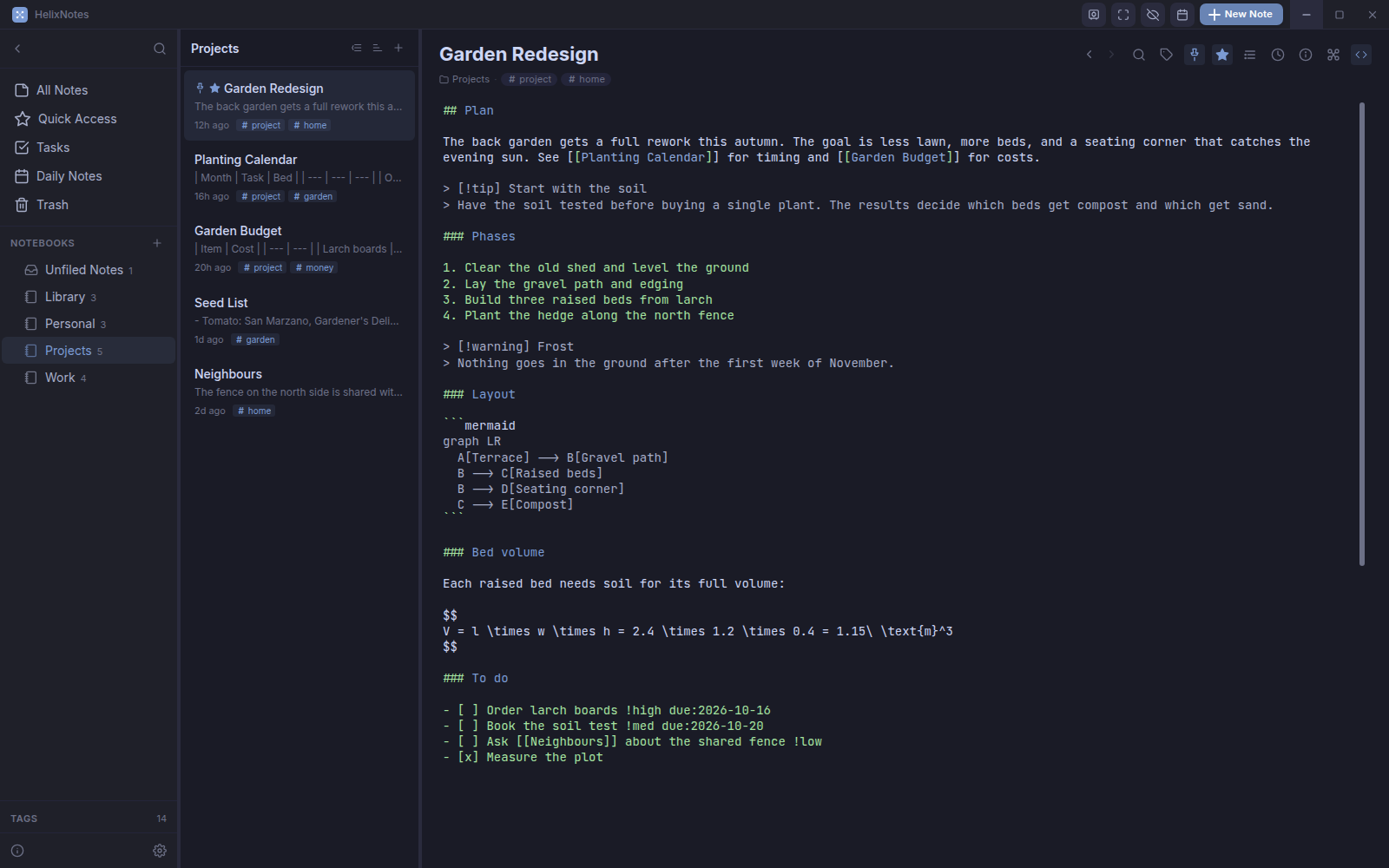 A note in source mode showing its raw Markdown with syntax highlighting