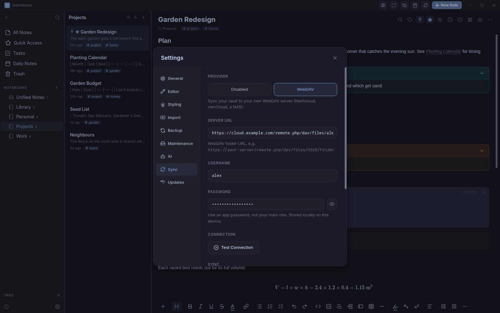 The Sync tab in settings with a WebDAV server URL, username and password