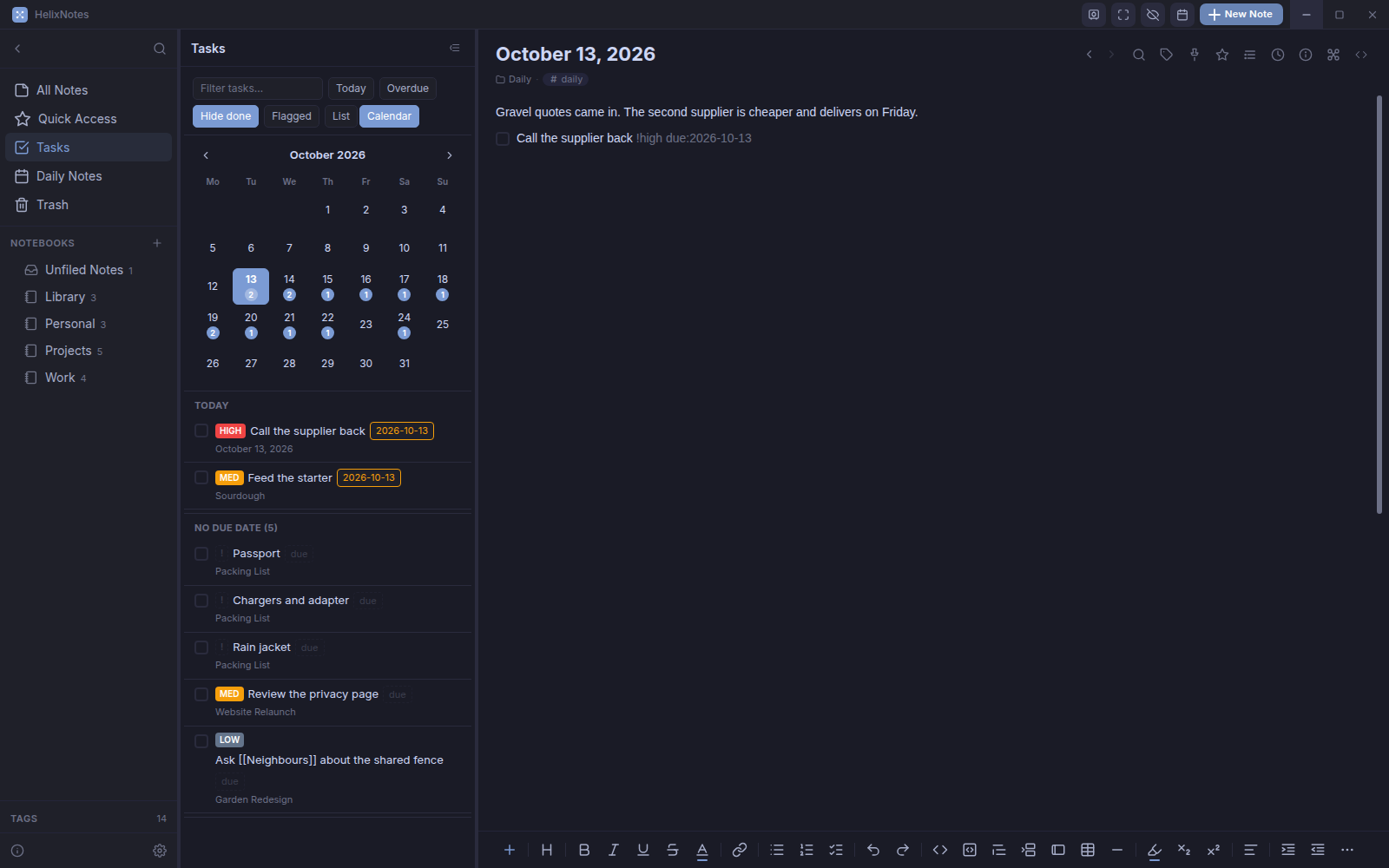 The Tasks calendar view with a month grid and the tasks due today