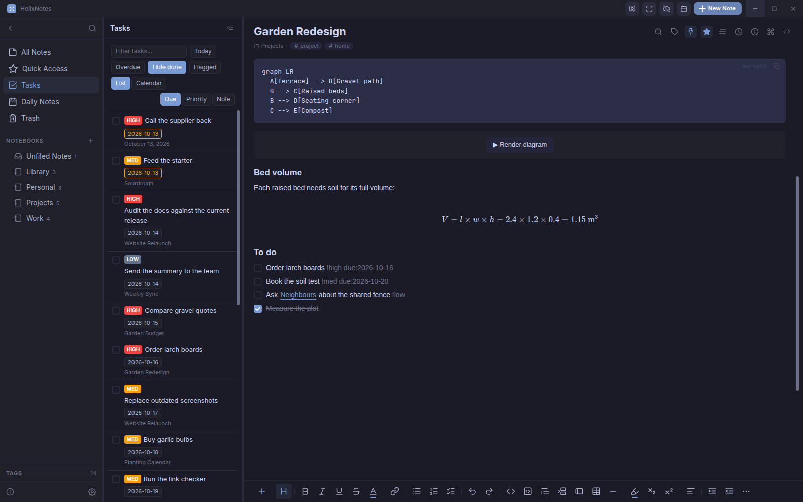 The Tasks view listing tasks from several notes with priorities and due dates